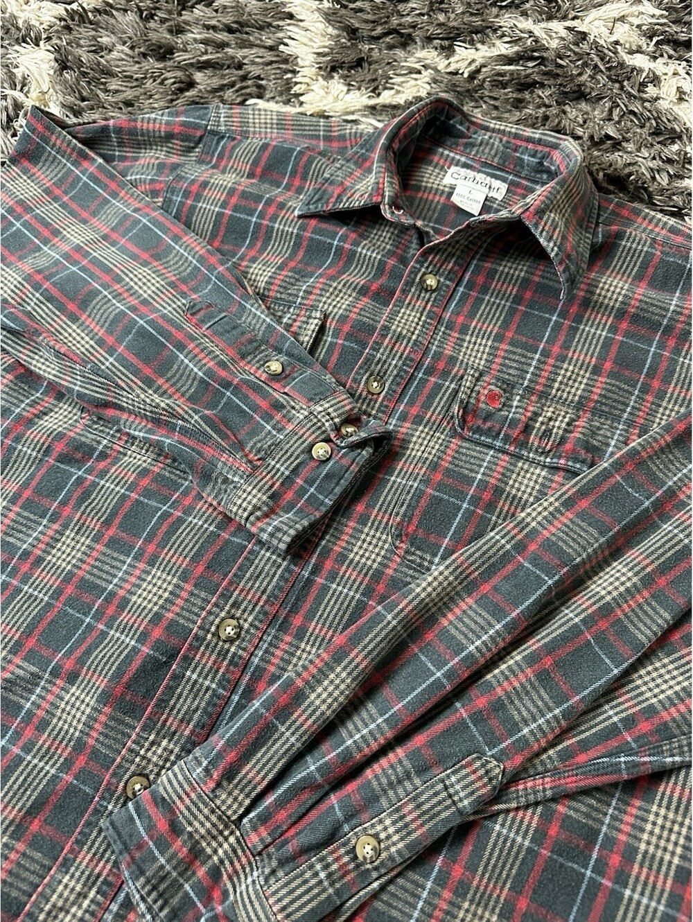 Carhartt Mens Long Sleeve Plaid Flannel Button Up Shirt Red Green Size L